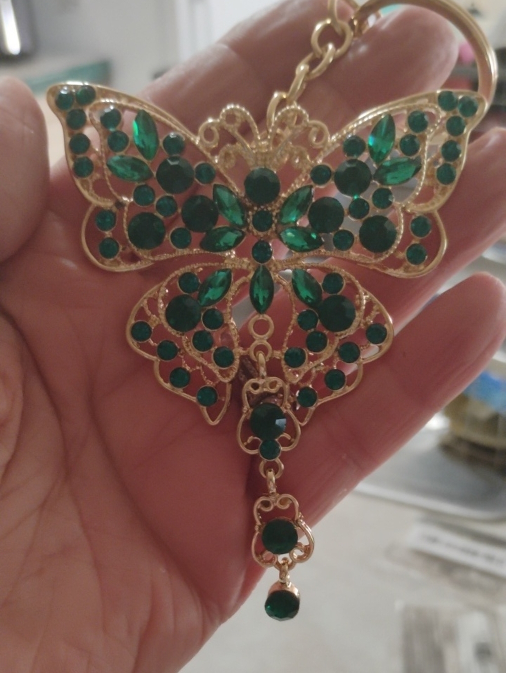 Emerald Green Rhinestone Butterfly Pendant Bag Charm Keychain  Crystals -